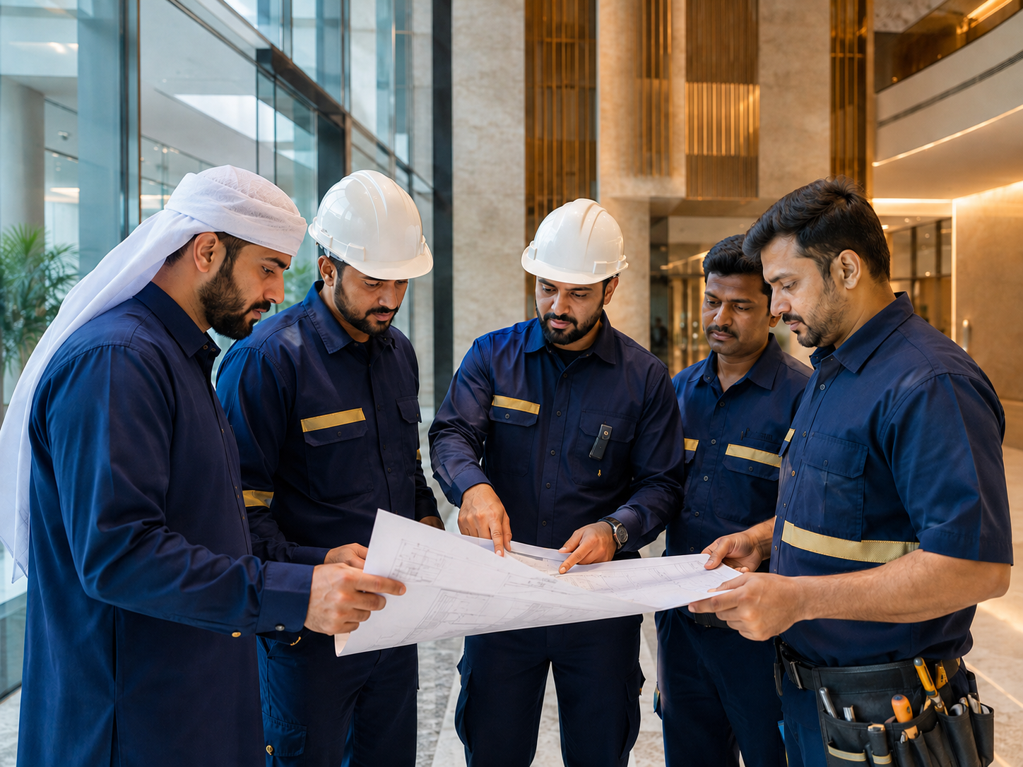 Building management team reviewing maintenance plans